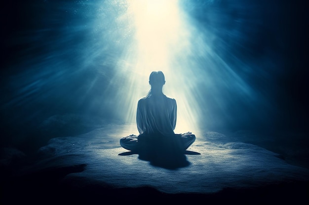Osoba medytująca przed jasnym światłem