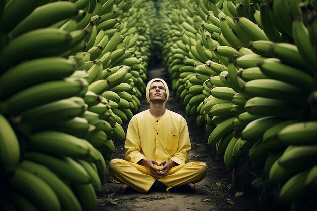 Osoba medytująca w gaju bananowym