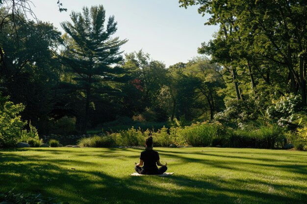Osoba medytująca z noszoną technologią w spokojnym parku