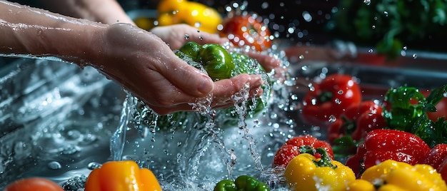 Zdjęcie osoba myjąca warzywa wodą rozpylającą wodę