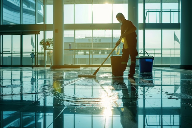 Osoba myje podłogę wiadrą i mopem