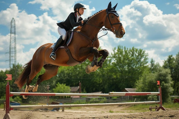 Zdjęcie osoba na koniu skacząca przez przeszkodę