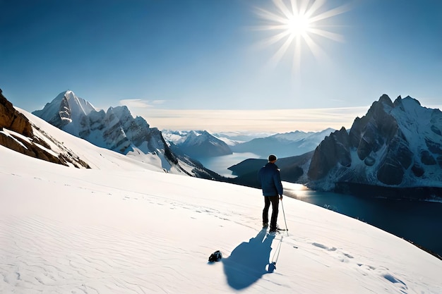 Osoba na nartach stoi na ośnieżonej górze, na której świeci słońce