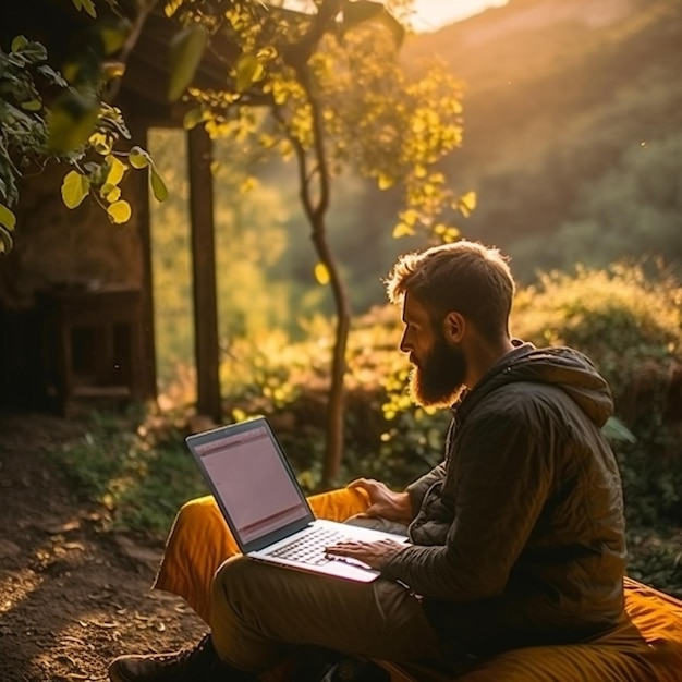 Osoba na patio pracuje na laptopie w pobliżu roślin i drzew