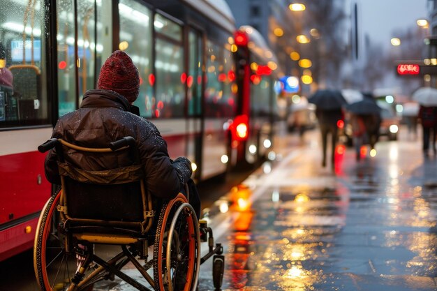 Osoba na wózku inwalidzkim w centrum miasta Trudności w prawdziwym życiu wózków inwalidzkich