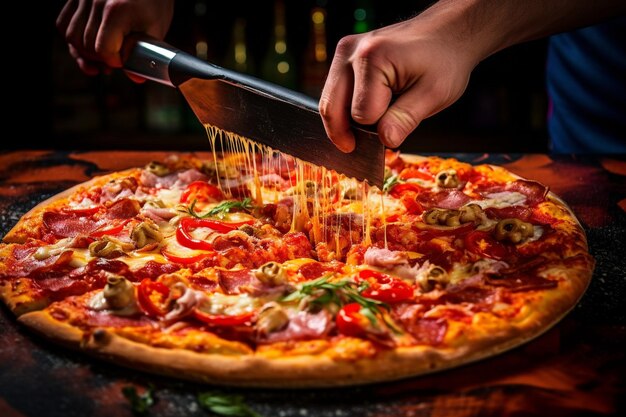 Osoba nacinająca świeżo upieczoną pizzę mięsną ostrym nożem