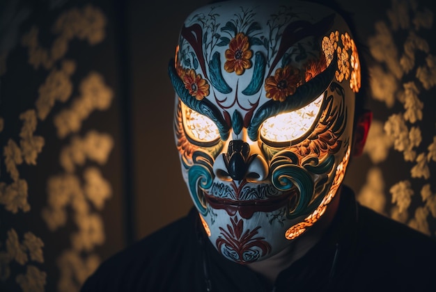 osoba nosząca bardzo kreatywną maskę na festiwal latarni, generatywną ai