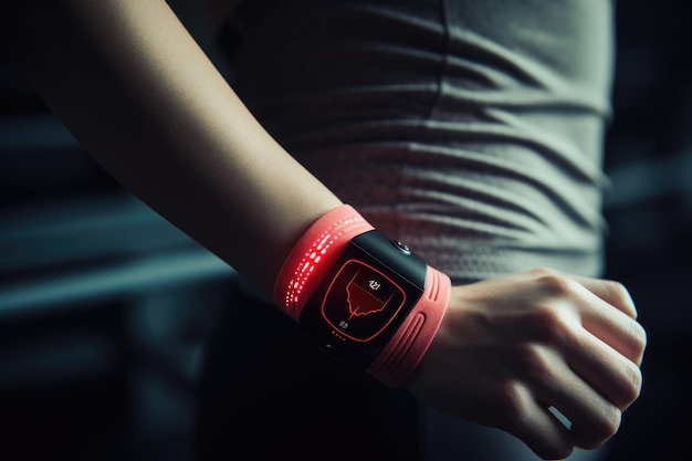 Osoba nosząca czerwoną opaskę z symbolem serca okazującą wsparcie dla miłości i celów charytatywnych Zbliżenie czujnika tętna na nadgarstku podczas treningu Wygenerowane przez sztuczną inteligencję