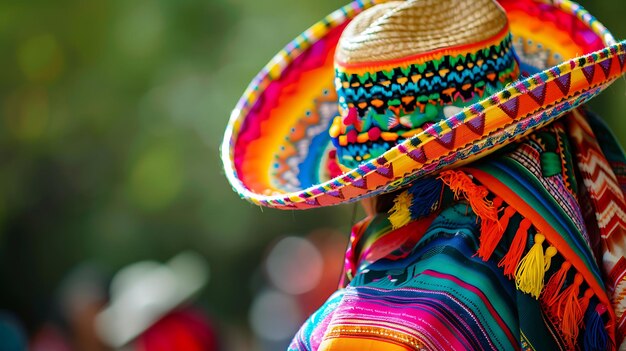 Osoba nosząca kolorowe sombrero Sombrero ma szeroki krawędź i jest ozdobione jasnymi kolorami i wzorami