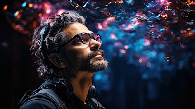 Osoba nosząca okulary z rozszerzoną rzeczywistością i interagująca ze światem sztuki 3D