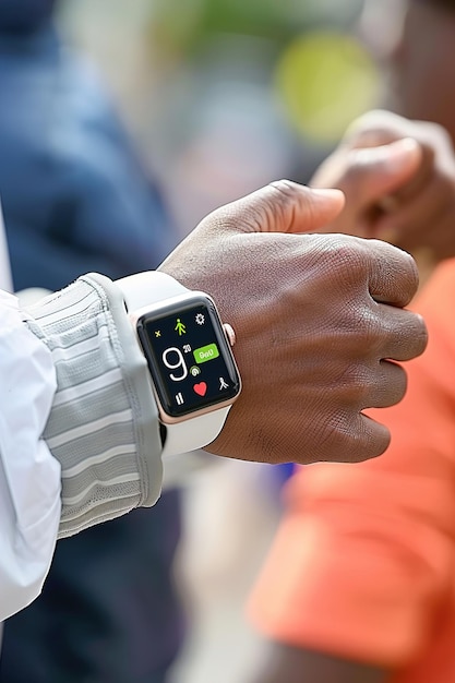Zdjęcie osoba nosząca technologię zdrowotną, taką jak smartwatch monitorujący znaki życiowe podczas ćwiczeń