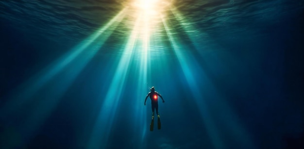 Osoba nurkuje pod wodą z latarką