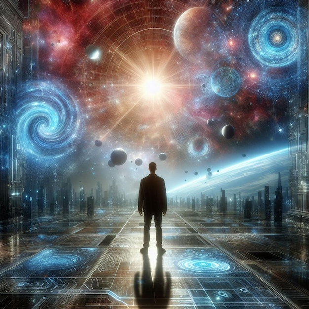Zdjęcie osoba patrząca na futurystyczne mistyczne niebo innego świata