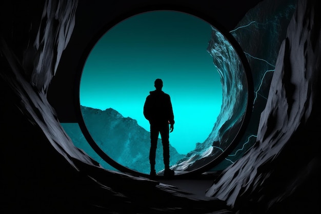 Osoba patrząca przez okrągłe okno w jaskini na planecie Ziemia w stylu cyjanowych i czarnych realistycznych scen gatunku Generatywna sztuczna inteligencja