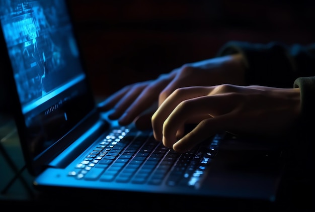 Osoba pisząca na laptopie ze słowem cyberbezpieczeństwo na ekranie