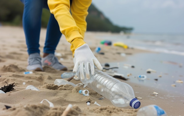 Zdjęcie osoba pochyla się, bierze plastikową butelkę i czyści plaże, zbierając plastikowe odpady