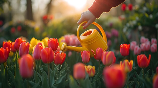 Osoba podlewa kwiaty na polu tulipanów z żółtą puszką na przednim planie