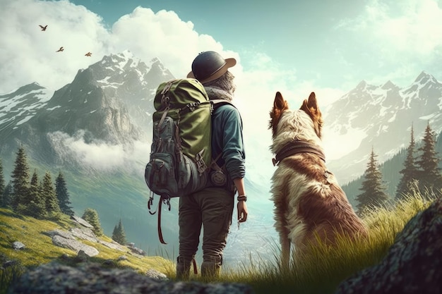 Osoba podróżująca z psem w górach Podróżowanie ze zwierzęciem domowym
