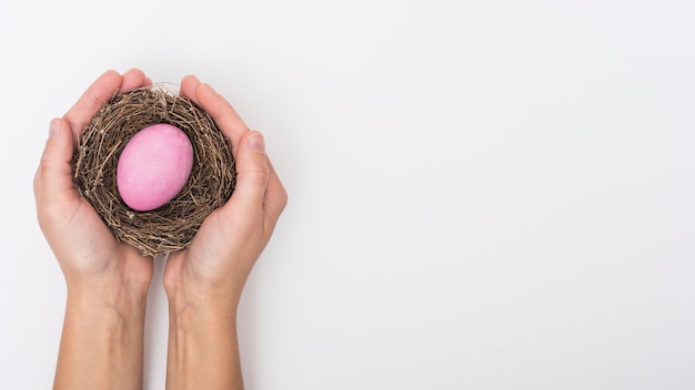 Zdjęcie osoba posiadająca gniazdo z różowym jajkiem wielkanocnym