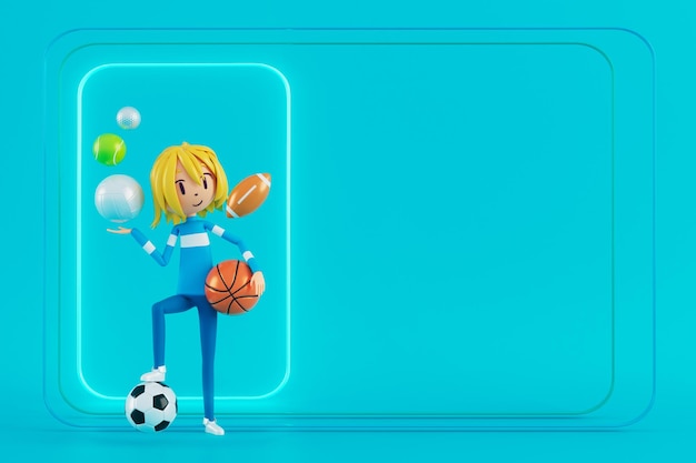 Osoba postać z kreskówki chłopiec i dziewczyna z obiektami sportowymi 3d