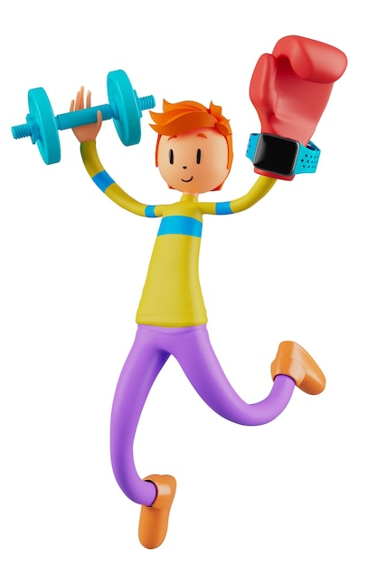 Osoba postać z kreskówki chłopiec i dziewczyna z obiektami sportowymi ilustracja 3d fitness aktywność działania mężczyzna w grze sportowej zdrowa koncepcja 3d ćwiczenia z piłką projekt smartwatcha smartfona