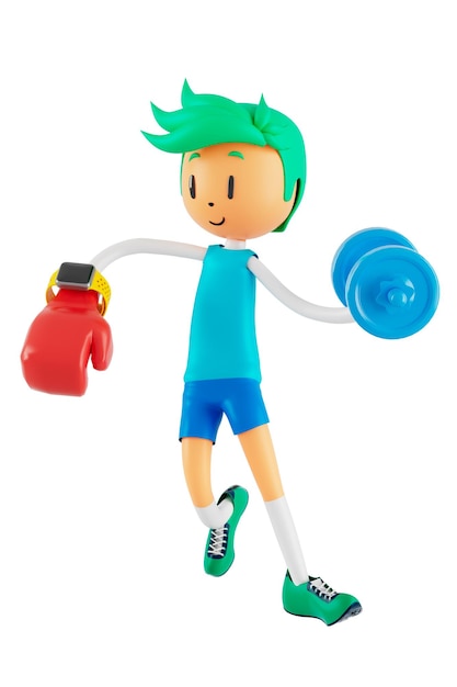 Osoba postać z kreskówki chłopiec i dziewczyna z obiektami sportowymi ilustracja 3d fitness aktywność działania mężczyzna w grze sportowej zdrowa koncepcja 3d ćwiczenia z piłką projekt smartwatcha smartfona