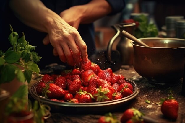 Zdjęcie osoba posypująca świeże truskawki na talerzu to zdjęcie może być użyte do zaprezentowania pysznego deseru lub podkreślenia użycia świeżych składników w gotowaniu