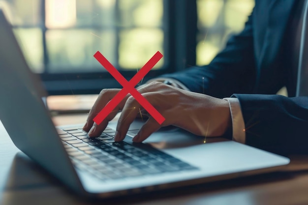 Zdjęcie osoba pracująca na laptopie z zakazowym znakiem koncepcji ograniczeń internetowych lub cyberbezpieczeństwa