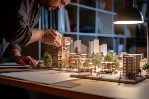 Osoba pracuje z modelowym domem w biurze w stylu architektonicznym z Generative AI