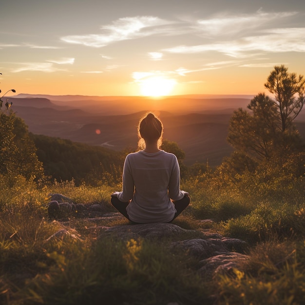 Osoba praktykująca medytację jogową w przyrodzie o zachodzie lub wschodzie słońca