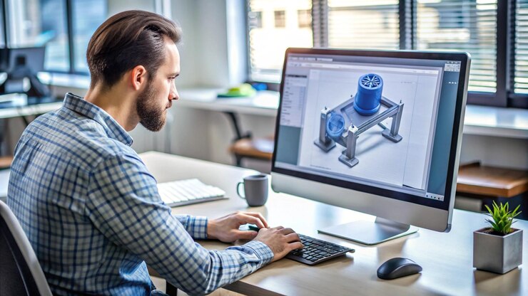 Zdjęcie osoba projektująca nowy produkt technologiczny przy użyciu oprogramowania do modelowania 3d