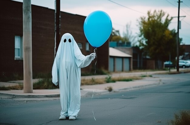 Osoba przebrana za ducha trzymająca balon w środowisku miejskim