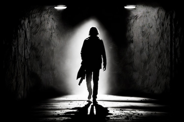 Osoba przechodząca przez ciemny tunel ze światłem na końcu tunelu Generacyjna sztuczna inteligencja