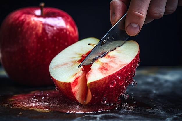 Zdjęcie osoba przecina jabłko nożem.