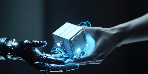 Osoba przekazuje jakiś projekt techniczny do zbliżenia rąk interakcji robota człowieka z robotem