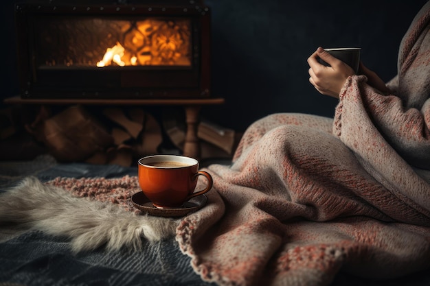 Osoba przytulny koc i filiżanka gorącej herbaty przy kominku