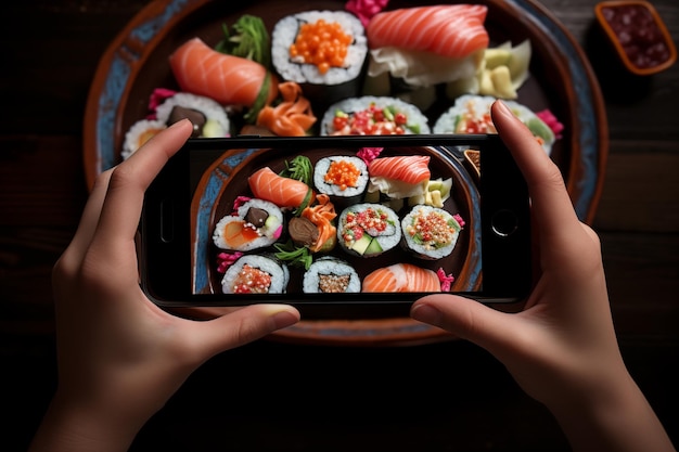 Osoba robiąca kreatywne zdjęcia z rolek sushi i japońskich przysmaków za pomocą smartfonu