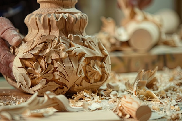 Osoba robiąca wazę z drewna