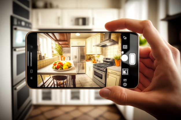 Osoba robiąca zdjęcie kuchni aparatem w telefonie Generative AI