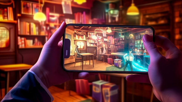 Zdjęcie osoba robiąca zdjęcie pokoju w grze wideo na swoim telefonie generatywna sztuczna inteligencja