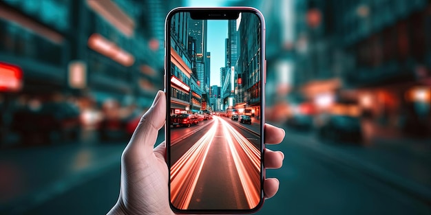osoba robiąca zdjęcie swoim smartfonem na ulicy w stylu futurystycznych pejzaży miejskich