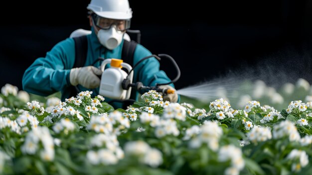 Osoba rozpylająca pestycyd na kwiat
