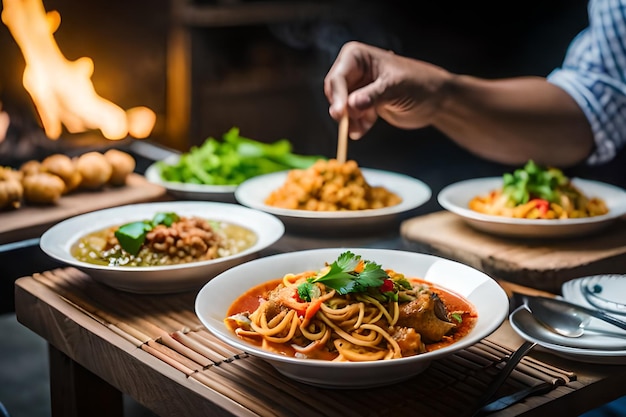 Osoba rozsypuje spaghetti na talerzu z miską makaronu.