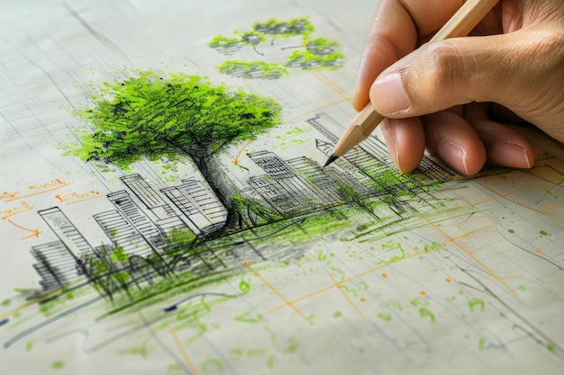 Zdjęcie osoba rysująca ręcznie zieloną koncepcję zrównoważonego miasta