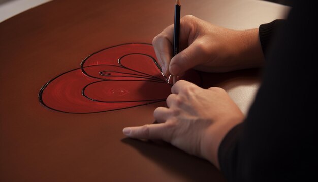 Osoba rysująca serce czarnym ołówkiem.
