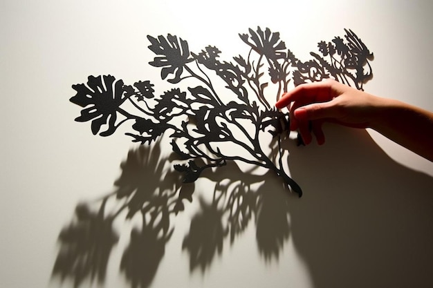 Osoba rysuje kwiaty na ścianie z ich cieniami.