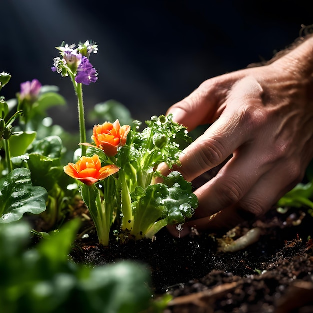 osoba sadzi kwiaty w ogrodzie z ręką trzymającą kwiat