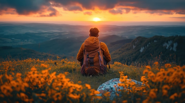 Zdjęcie osoba siedząca na skale i oglądająca zachód słońca