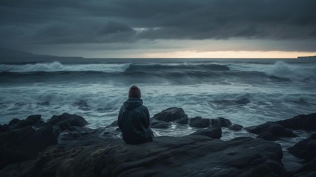 Osoba siedząca na skale z widokiem na morze