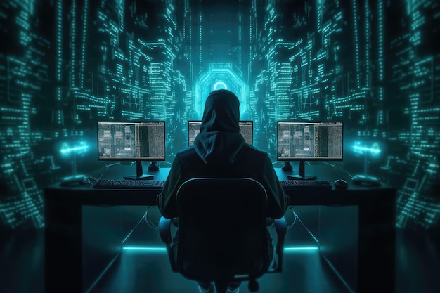 Osoba siedząca przed komputerem z niebieskim tłem z napisem „cyberpunk”.